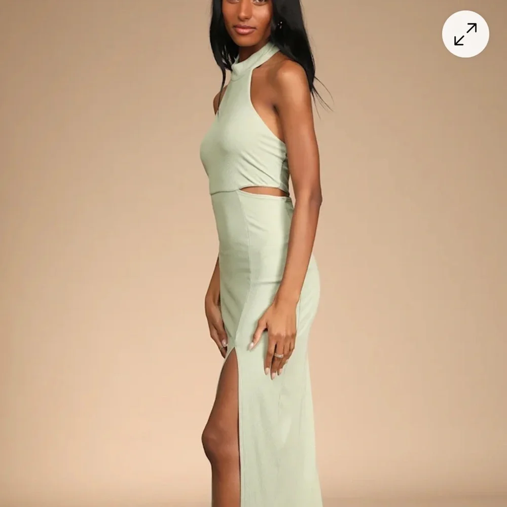 Lulus Modern Mode Sage Green Ribbed Cutout Halter Midi Dress Size NWT XL - Picture 2 of 7